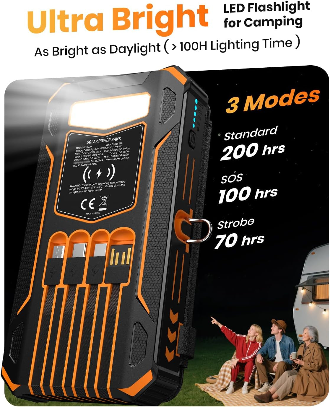 Solar Charger Power Bank - 48000Mah Wireless Portable Charger Built-In 4 Cables and 4 Solar Panels, PD QC 3.0 Fast Charging USB C Battery Pack with Flashlight for Camping Travel