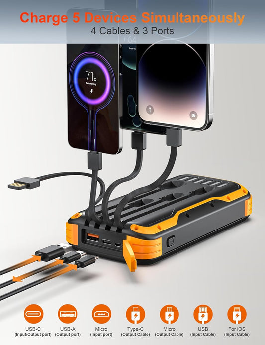 Solar Power Bank 40000Mah, Portable Charger PD 20W Fast Charging Solar Charger Power Bank Built in 4 Cables and USB-C In/Output, Camping Essentials External Battery Pack with Flashlights