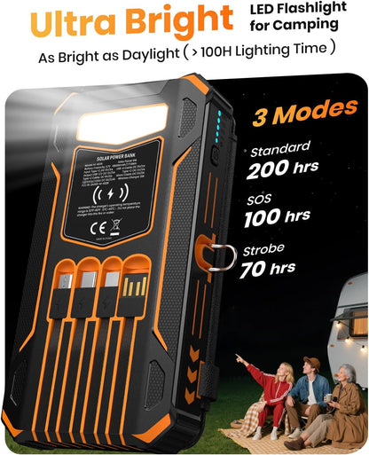 Solar Charger Power Bank - 48000Mah Wireless Portable Charger Built-In 4 Cables and 4 Solar Panels, PD QC 3.0 Fast Charging USB C Battery Pack with Flashlight for Camping Travel