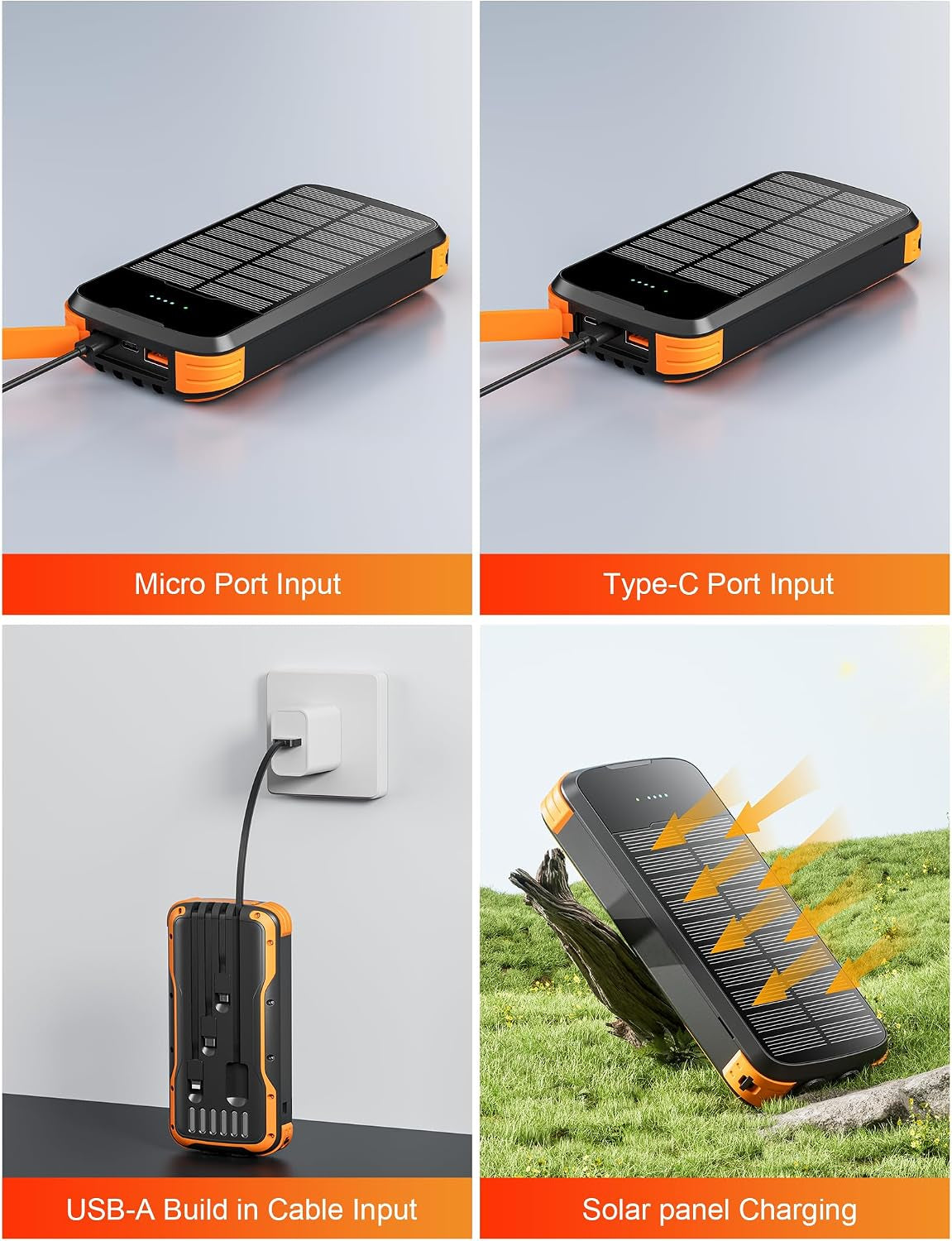 Solar Power Bank 40000Mah, Portable Charger PD 20W Fast Charging Solar Charger Power Bank Built in 4 Cables and USB-C In/Output, Camping Essentials External Battery Pack with Flashlights