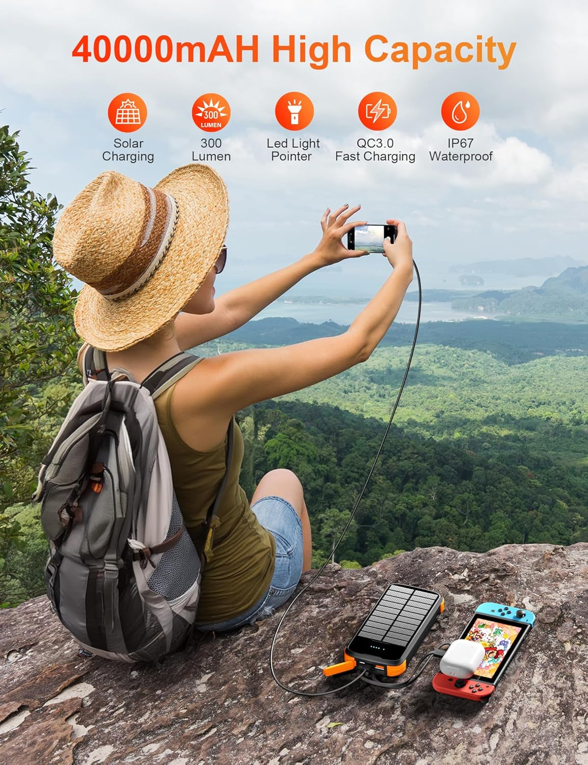 Solar Power Bank 40000Mah, Portable Charger PD 20W Fast Charging Solar Charger Power Bank Built in 4 Cables and USB-C In/Output, Camping Essentials External Battery Pack with Flashlights