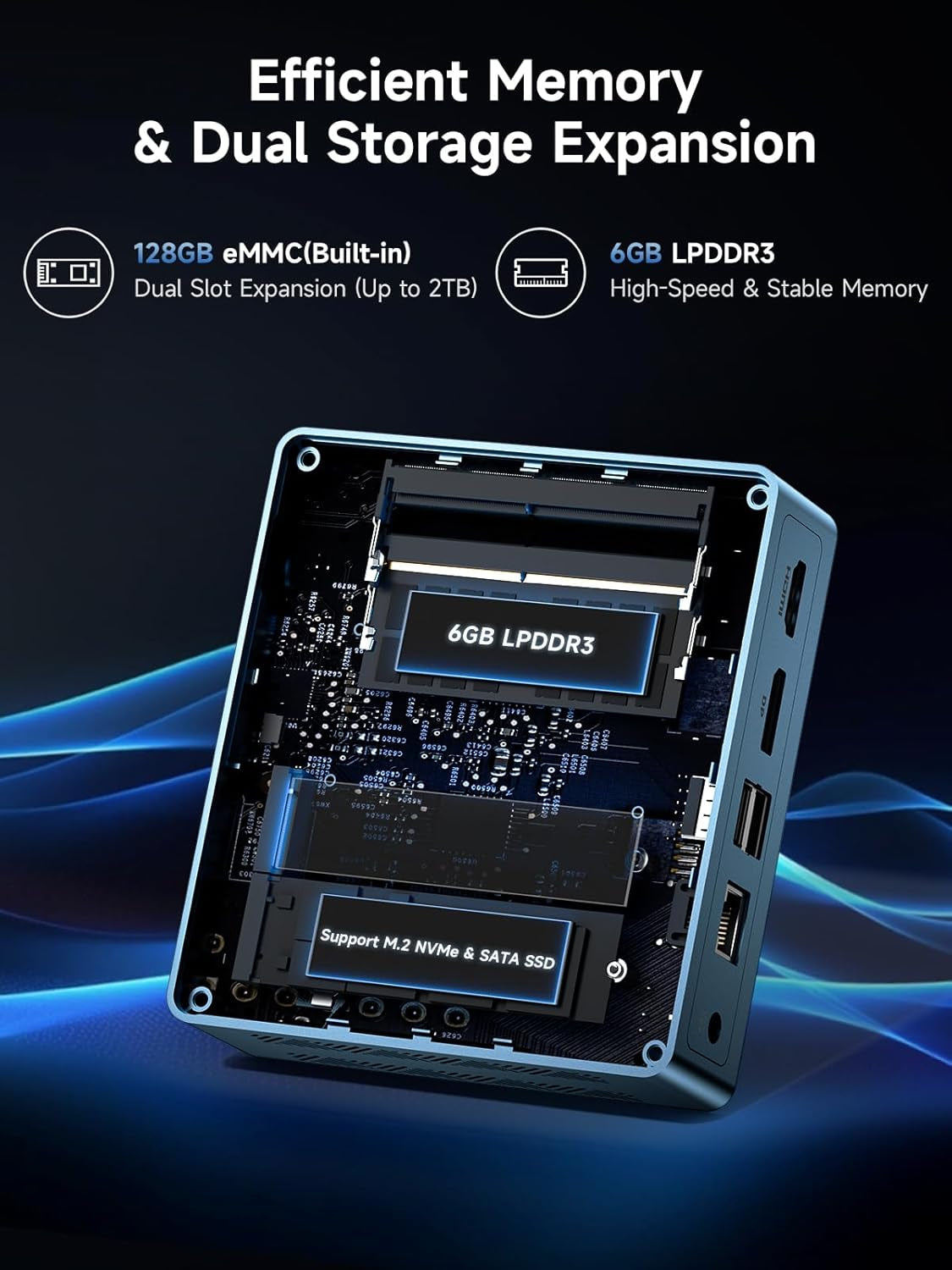 Mini PC B1 Plus, Intel Celeron J3355 (Up to 2.5Ghz), 6GB RAM 128GB Emmc Support M.2 SSD Expansion (512GB/2TB), 4K Dual Display 2.4G/5G Wifi & BT5.0 Mini Desktop Computer for Home/Office