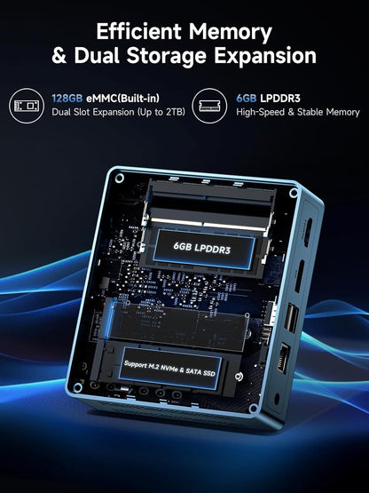 Mini PC B1 Plus, Intel Celeron J3355 (Up to 2.5Ghz), 6GB RAM 128GB Emmc Support M.2 SSD Expansion (512GB/2TB), 4K Dual Display 2.4G/5G Wifi & BT5.0 Mini Desktop Computer for Home/Office