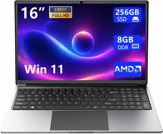 Laptop 16-Inch 8GB DDR 256GB SSD Portable Laptop Computer, Expandable to 1TB, AMD A9-9400 Radeon R5 CPU up to 3.2 Ghz, 9000Mah Battery, Numeric Keypad, USB 3.0, Dual-Band Wifi, Webcam, Slim Laptops