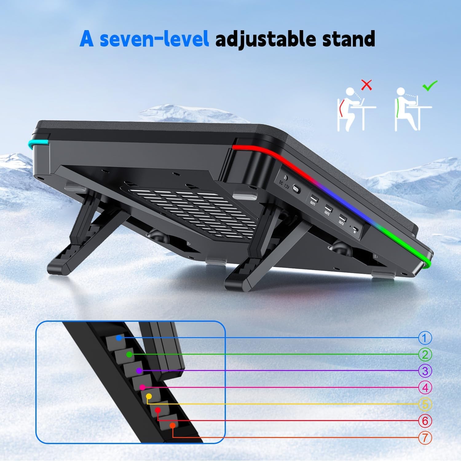 GT600 RGB Laptop Cooling Pad Equipped with Gigantic Turbo-Fan（5.5Inch Diameter）,Sealed Foam for Rapid Cooling Gaming Laptop,14.1-19.3 Inch Laptop Cooler with 3-Port USB Hub,Dust Filter