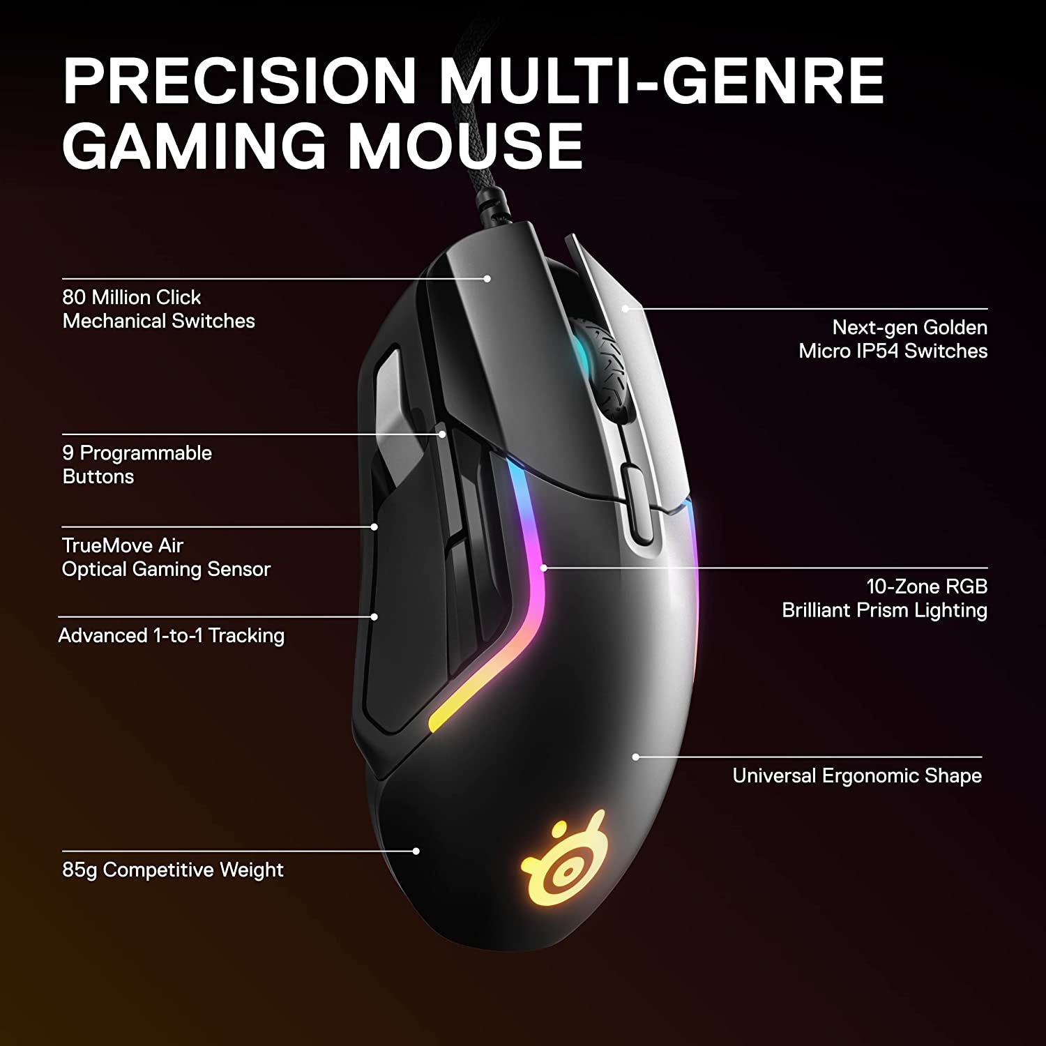 Steelseries Rival 5 Gaming Mouse with Prismsync RGB Lighting and 9 Programmable Buttons – FPS, MOBA, MMO, Battle Royale – 18,000 CPI Truemove Air Optical Sensor - Black
