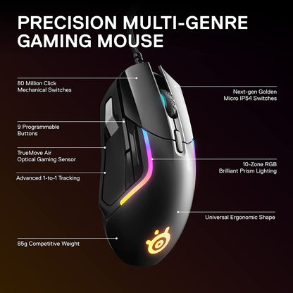 Steelseries Rival 5 Gaming Mouse with Prismsync RGB Lighting and 9 Programmable Buttons – FPS, MOBA, MMO, Battle Royale – 18,000 CPI Truemove Air Optical Sensor - Black