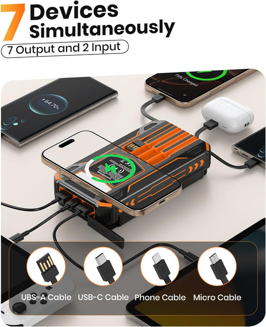 Solar Charger Power Bank - 48000Mah Wireless Portable Charger Built-In 4 Cables and 4 Solar Panels, PD QC 3.0 Fast Charging USB C Battery Pack with Flashlight for Camping Travel