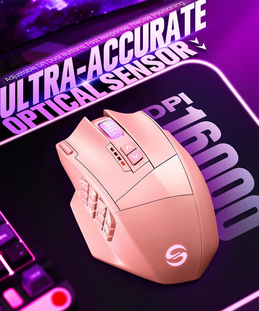 Venus Pro Wireless MMO Gaming Mouse, 16,000 DPI Optical Sensor, Wired/Wireless Dual Modes, 16M Chroma RGB Lighting, 16 Programmable Buttons, Ergonomic Design, up to 70H, Pink