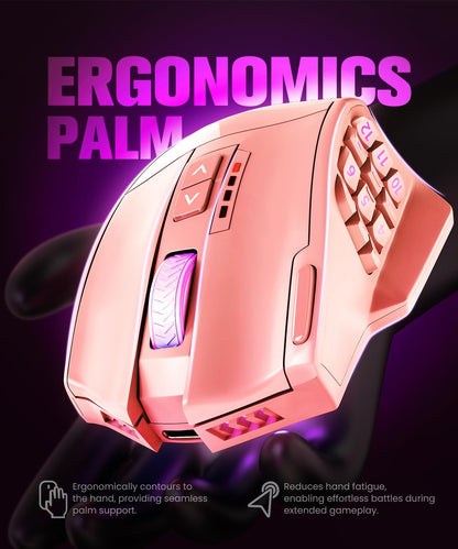 Venus Pro Wireless MMO Gaming Mouse, 16,000 DPI Optical Sensor, Wired/Wireless Dual Modes, 16M Chroma RGB Lighting, 16 Programmable Buttons, Ergonomic Design, up to 70H, Pink