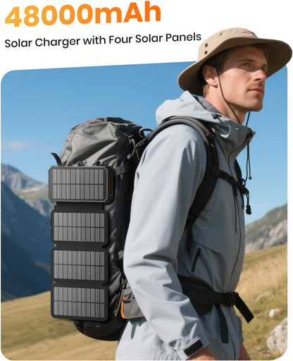 Solar Charger Power Bank - 48000Mah Wireless Portable Charger Built-In 4 Cables and 4 Solar Panels, PD QC 3.0 Fast Charging USB C Battery Pack with Flashlight for Camping Travel