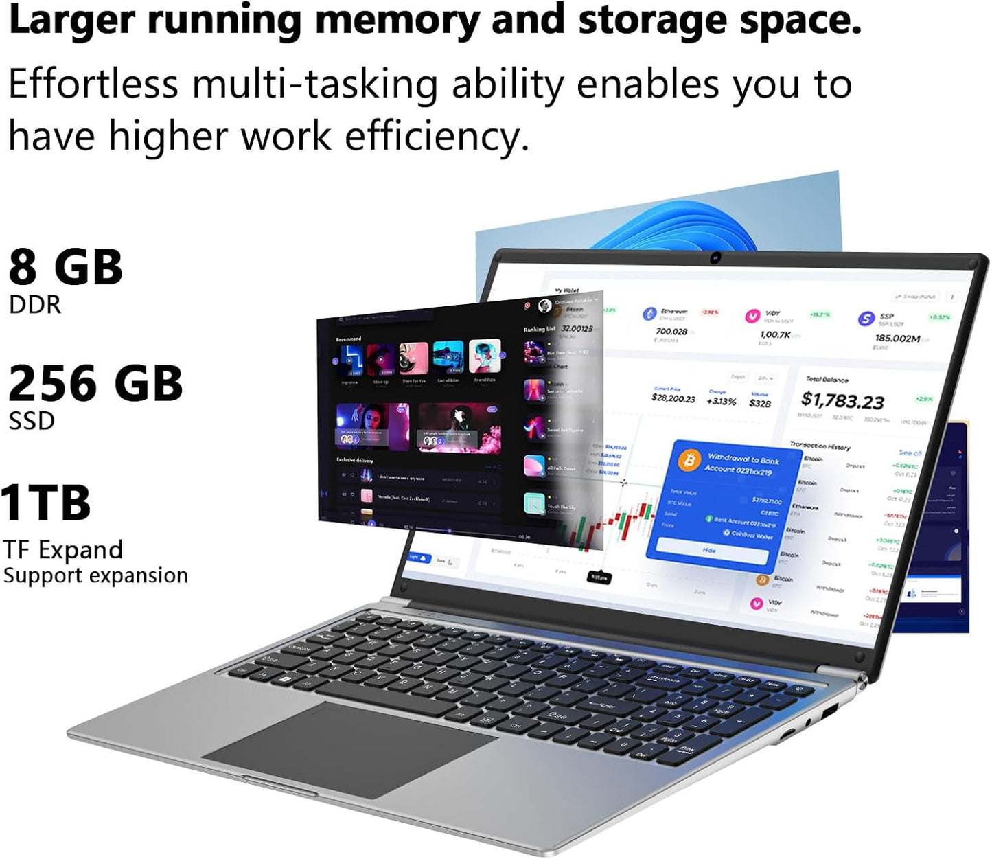Laptop 16-Inch 8GB DDR 256GB SSD Portable Laptop Computer, Expandable to 1TB, AMD A9-9400 Radeon R5 CPU up to 3.2 Ghz, 9000Mah Battery, Numeric Keypad, USB 3.0, Dual-Band Wifi, Webcam, Slim Laptops