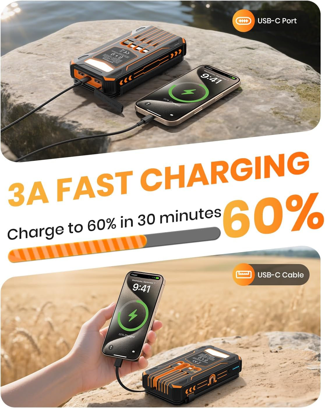 Solar Charger Power Bank - 48000Mah Wireless Portable Charger Built-In 4 Cables and 4 Solar Panels, PD QC 3.0 Fast Charging USB C Battery Pack with Flashlight for Camping Travel