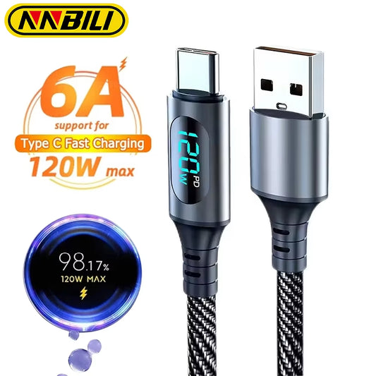 6A USB a to Type C Super Fast Charge Cable 120W Nylon Data Cord for Huawei POCO Samsung with Led Digital Display Cable
