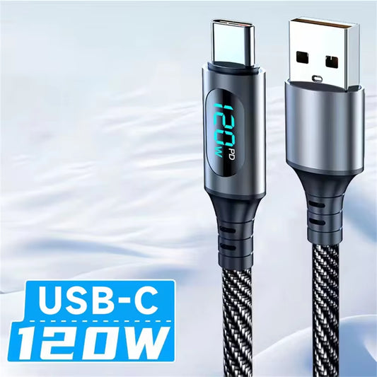 6A USB a to Type C Super Fast Charge Cable 120W Nylon Data Cord for Huawei POCO Samsung with Led Digital Display Cable