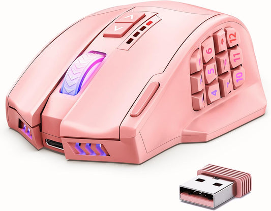 Venus Pro Wireless MMO Gaming Mouse, 16,000 DPI Optical Sensor, Wired/Wireless Dual Modes, 16M Chroma RGB Lighting, 16 Programmable Buttons, Ergonomic Design, up to 70H, Pink