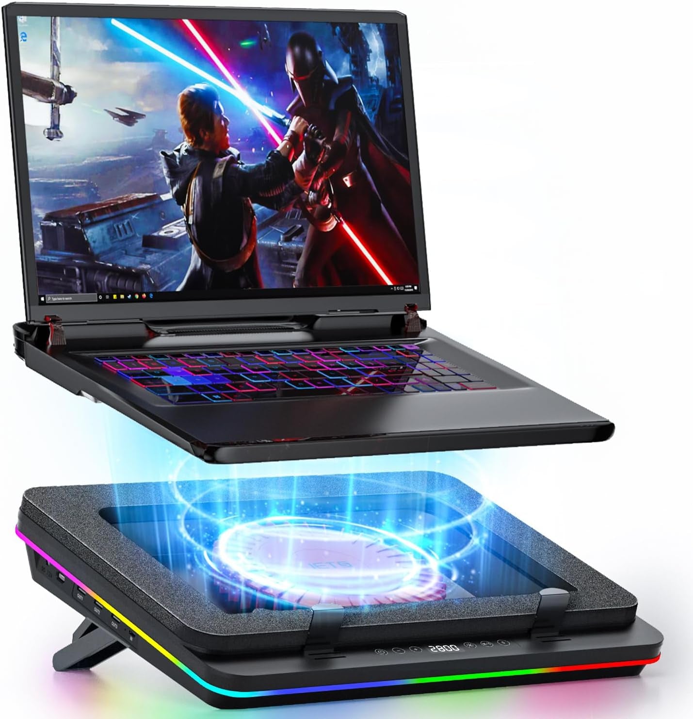 GT600 RGB Laptop Cooling Pad Equipped with Gigantic Turbo-Fan（5.5Inch Diameter）,Sealed Foam for Rapid Cooling Gaming Laptop,14.1-19.3 Inch Laptop Cooler with 3-Port USB Hub,Dust Filter