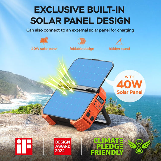 Portable Power Station 1600W (Peak 3200W), Built-In Solar Panel, 1024Wh Lifepo4 Battery, 100W USB-C Fast Charge, Solar Generator for Home Backup, Camping, Power Outages & RV