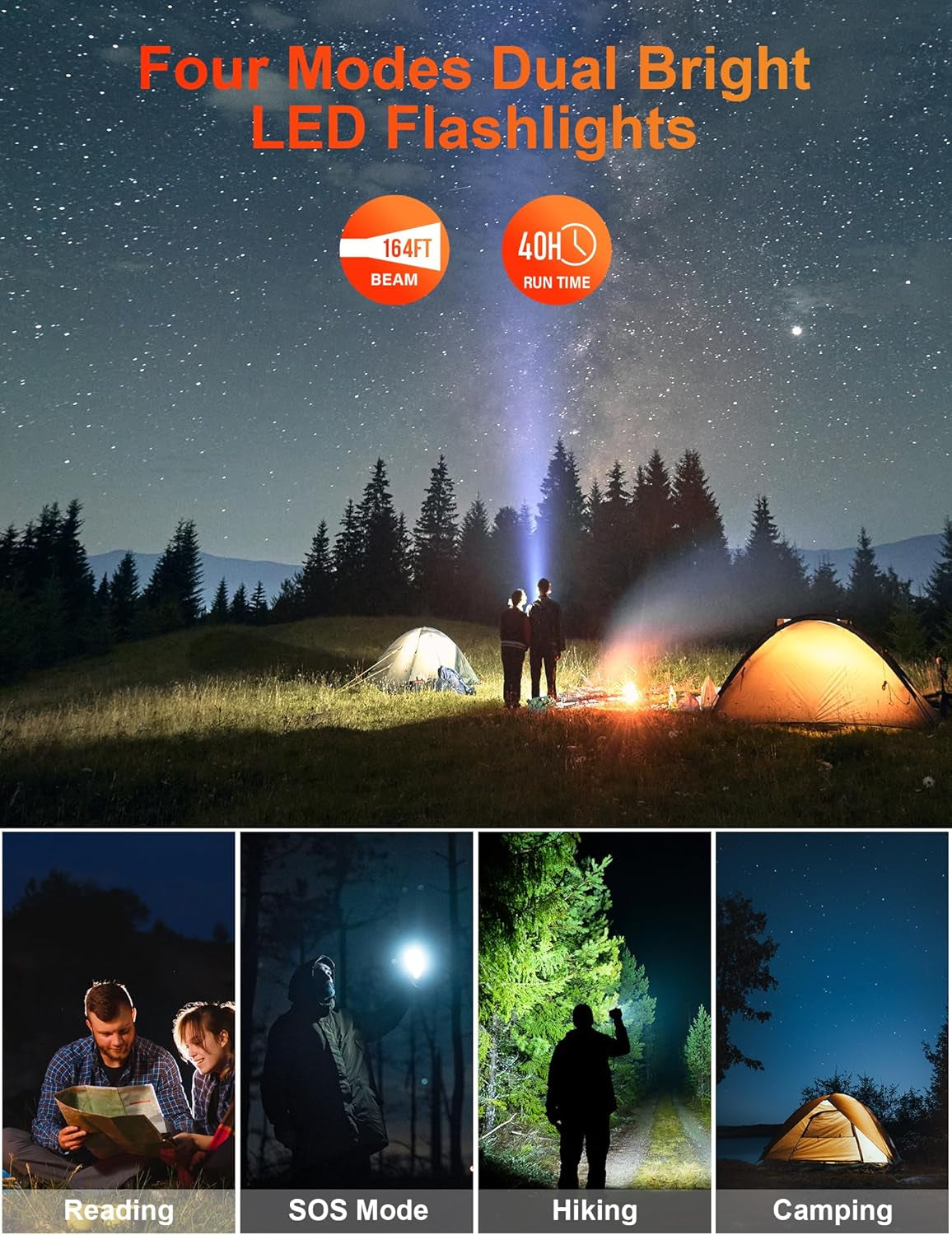 Solar Power Bank 40000Mah, Portable Charger PD 20W Fast Charging Solar Charger Power Bank Built in 4 Cables and USB-C In/Output, Camping Essentials External Battery Pack with Flashlights