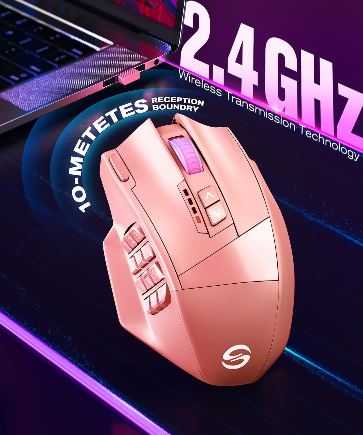 Venus Pro Wireless MMO Gaming Mouse, 16,000 DPI Optical Sensor, Wired/Wireless Dual Modes, 16M Chroma RGB Lighting, 16 Programmable Buttons, Ergonomic Design, up to 70H, Pink