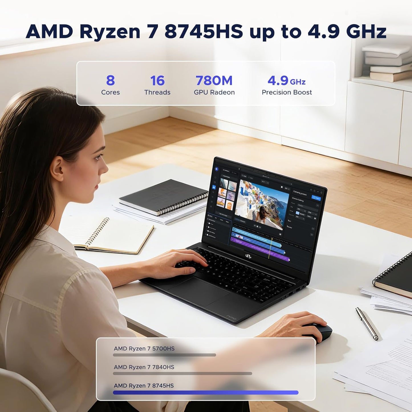 15.6" Light-Gaming-Laptop, AMD Ryzen 7 8745HS, 16GB DDR5 1TB Nvme SSD, Radeon 780M Laptop Computer for Content Creators Designers with 100W PD USB 4.0 Backlit Keyboard, Fingerprint, 2-Yr-Warranty