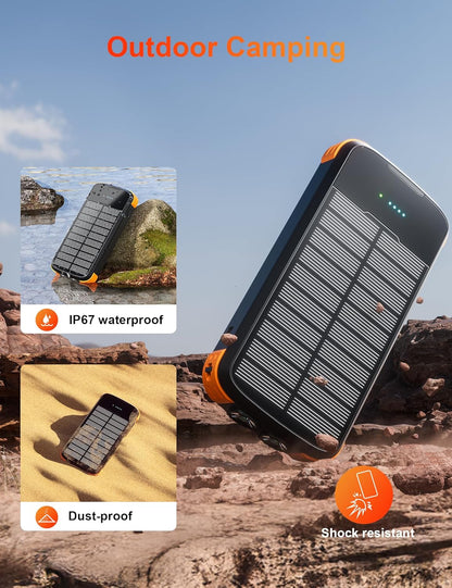 Solar Power Bank 40000Mah, Portable Charger PD 20W Fast Charging Solar Charger Power Bank Built in 4 Cables and USB-C In/Output, Camping Essentials External Battery Pack with Flashlights