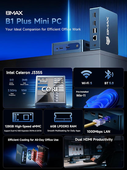 Mini PC B1 Plus, Intel Celeron J3355 (Up to 2.5Ghz), 6GB RAM 128GB Emmc Support M.2 SSD Expansion (512GB/2TB), 4K Dual Display 2.4G/5G Wifi & BT5.0 Mini Desktop Computer for Home/Office