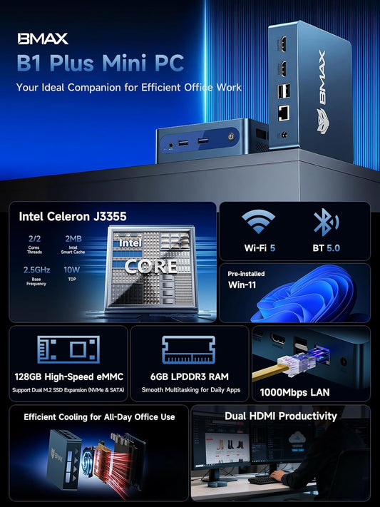 Mini PC B1 Plus, Intel Celeron J3355 (Up to 2.5Ghz), 6GB RAM 128GB Emmc Support M.2 SSD Expansion (512GB/2TB), 4K Dual Display 2.4G/5G Wifi & BT5.0 Mini Desktop Computer for Home/Office