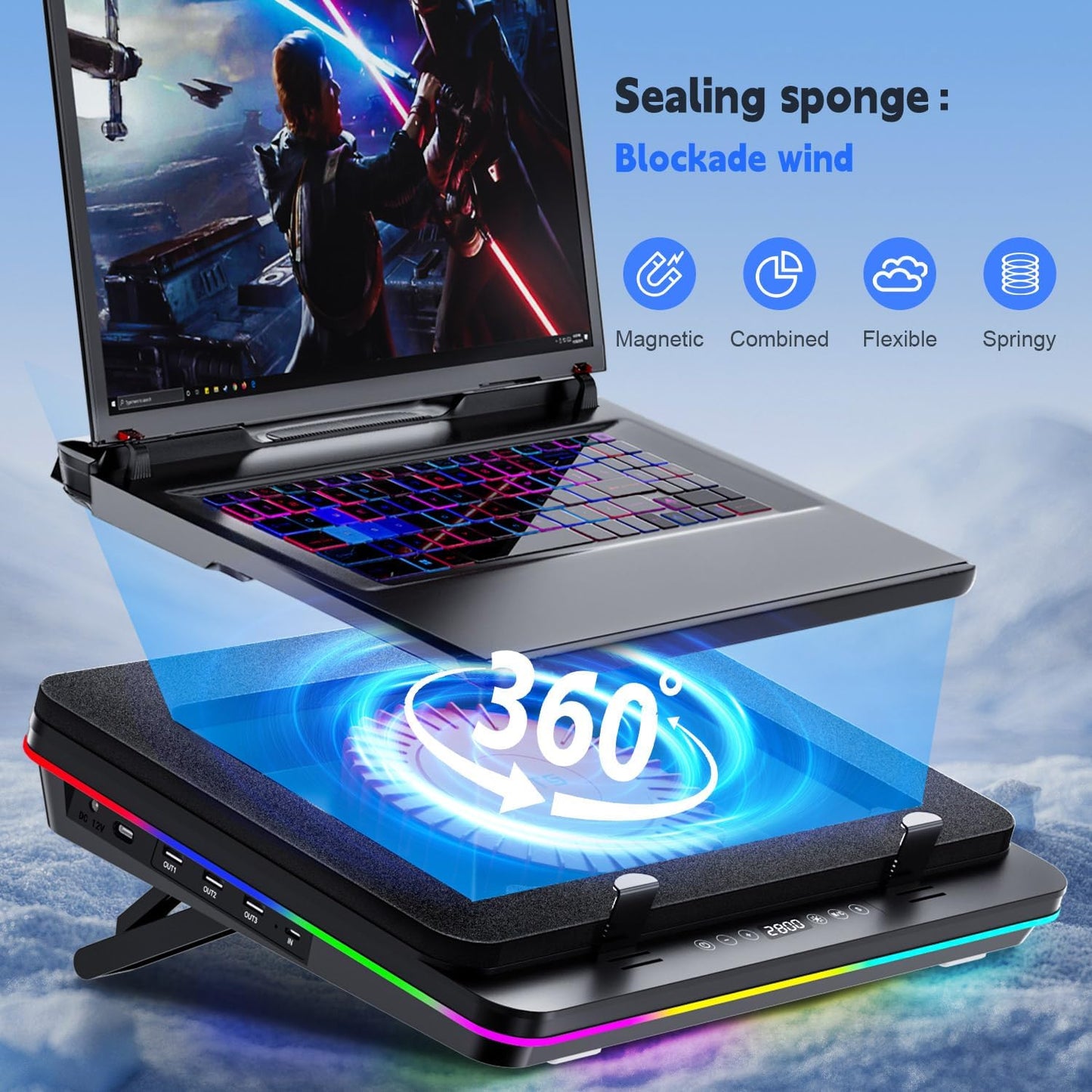 GT600 RGB Laptop Cooling Pad Equipped with Gigantic Turbo-Fan（5.5Inch Diameter）,Sealed Foam for Rapid Cooling Gaming Laptop,14.1-19.3 Inch Laptop Cooler with 3-Port USB Hub,Dust Filter
