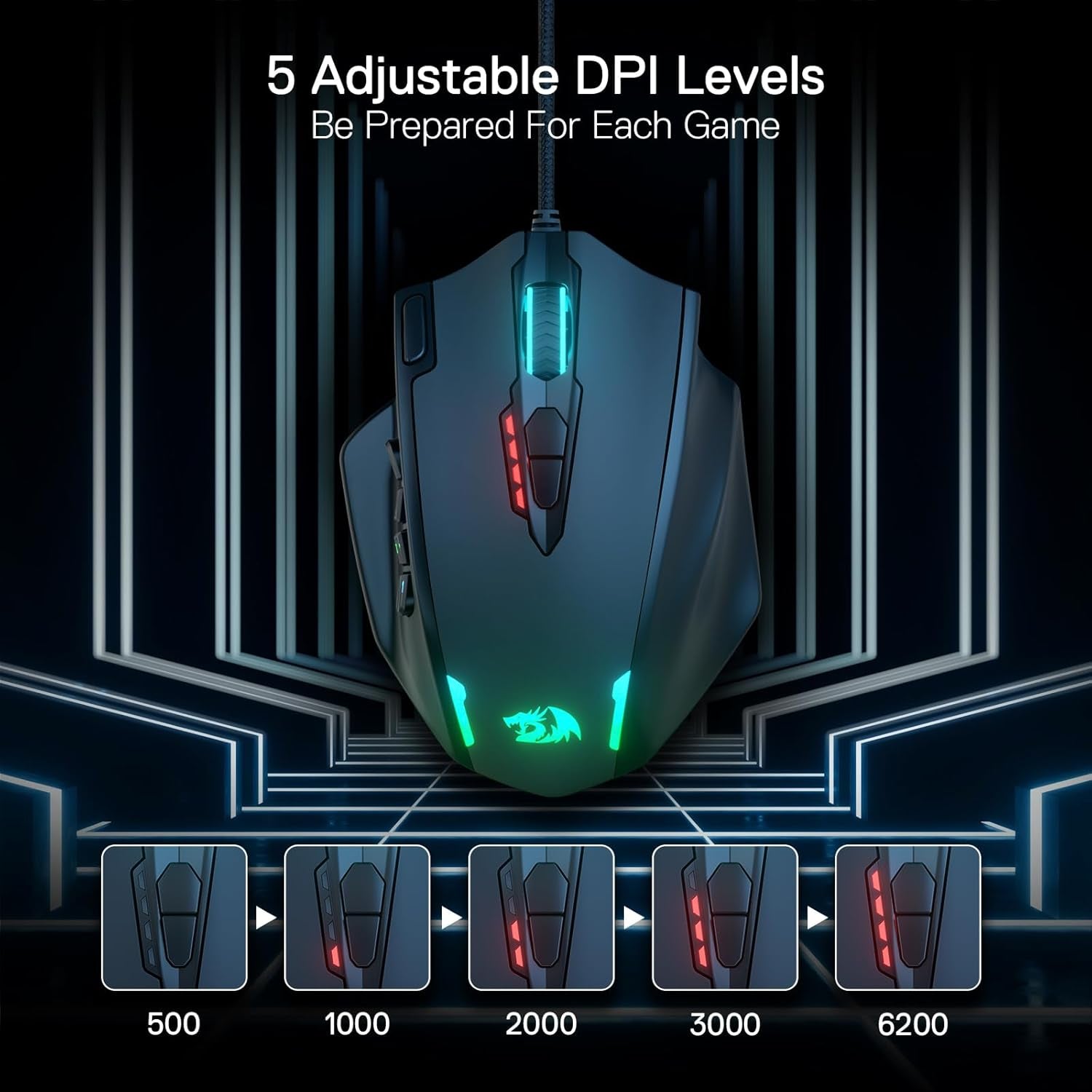 M908 Impact RGB LED MMO Gaming Mouse with 12 Side Buttons, Optical Wired Ergonomic Mouse with Max 12,400DPI, High Precision, 18 Programmable Macro Shortcuts, Comfort Grip