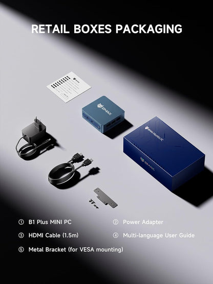 Mini PC B1 Plus, Intel Celeron J3355 (Up to 2.5Ghz), 6GB RAM 128GB Emmc Support M.2 SSD Expansion (512GB/2TB), 4K Dual Display 2.4G/5G Wifi & BT5.0 Mini Desktop Computer for Home/Office