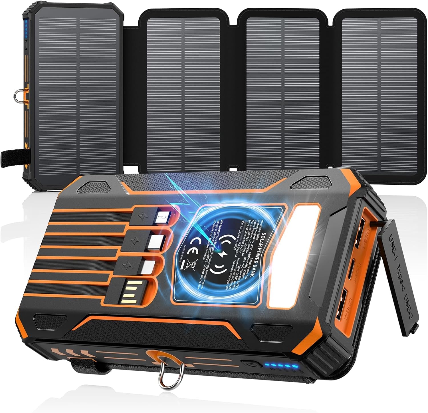 Solar Charger Power Bank - 48000Mah Wireless Portable Charger Built-In 4 Cables and 4 Solar Panels, PD QC 3.0 Fast Charging USB C Battery Pack with Flashlight for Camping Travel