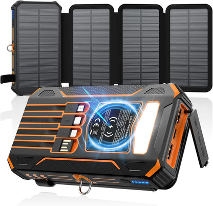 Solar Charger Power Bank - 48000Mah Wireless Portable Charger Built-In 4 Cables and 4 Solar Panels, PD QC 3.0 Fast Charging USB C Battery Pack with Flashlight for Camping Travel