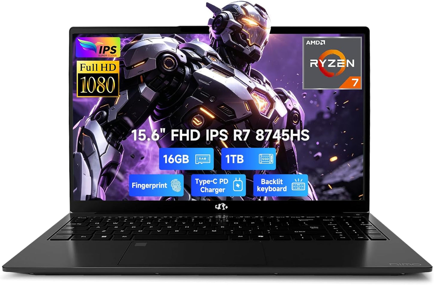 15.6" Light-Gaming-Laptop, AMD Ryzen 7 8745HS, 16GB DDR5 1TB Nvme SSD, Radeon 780M Laptop Computer for Content Creators Designers with 100W PD USB 4.0 Backlit Keyboard, Fingerprint, 2-Yr-Warranty