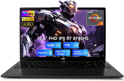 15.6" Light-Gaming-Laptop, AMD Ryzen 7 8745HS, 16GB DDR5 1TB Nvme SSD, Radeon 780M Laptop Computer for Content Creators Designers with 100W PD USB 4.0 Backlit Keyboard, Fingerprint, 2-Yr-Warranty