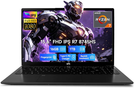 15.6" Light-Gaming-Laptop, AMD Ryzen 7 8745HS, 16GB DDR5 1TB Nvme SSD, Radeon 780M Laptop Computer for Content Creators Designers with 100W PD USB 4.0 Backlit Keyboard, Fingerprint, 2-Yr-Warranty