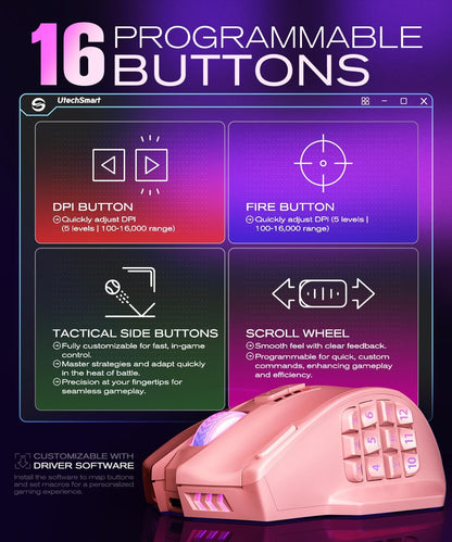 Venus Pro Wireless MMO Gaming Mouse, 16,000 DPI Optical Sensor, Wired/Wireless Dual Modes, 16M Chroma RGB Lighting, 16 Programmable Buttons, Ergonomic Design, up to 70H, Pink